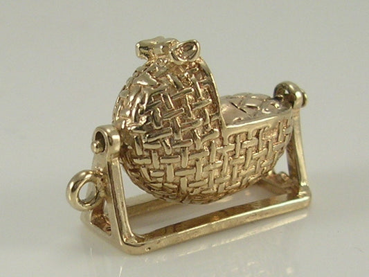 Vintage 3D 9ct Gold Movable Baby In Basket Crib Charm H/MK 1966