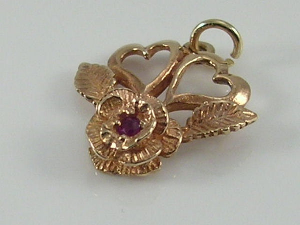 Vintage 9ct Gold Gemstone Rose Flower & Hearts Charm Pendant H/MK 1976