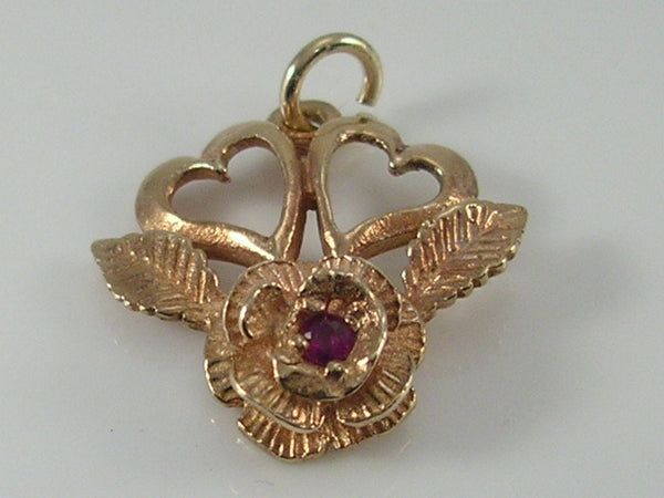 Vintage 9ct Gold Gemstone Rose Flower & Hearts Charm Pendant H/MK 1976