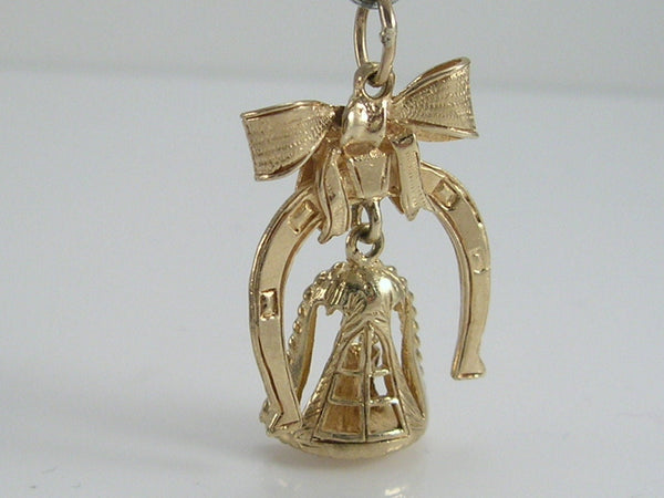 Vintage 3D 9ct Gold Lucky Horseshoe,Bell,Bride & Groom Charm Pendant H/MK 1964