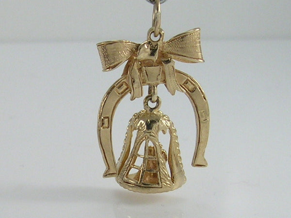 Vintage 3D 9ct Gold Lucky Horseshoe,Bell,Bride & Groom Charm Pendant H/MK 1964