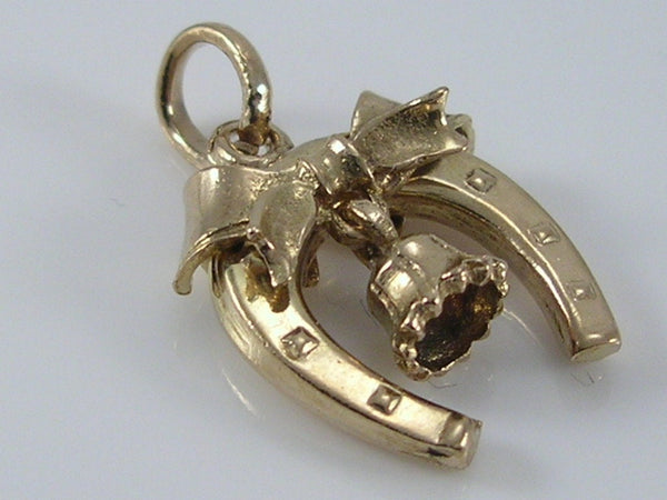 Vintage 3D CHIM 9ct Gold Lucky Horseshoe, Bell, Bow Charm Pendant H/MK 1967 Wedding