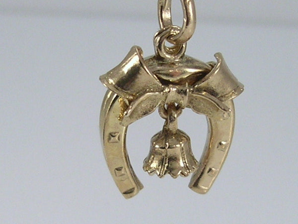 Vintage 3D CHIM 9ct Gold Lucky Horseshoe, Bell, Bow Charm Pendant H/MK 1967 Wedding