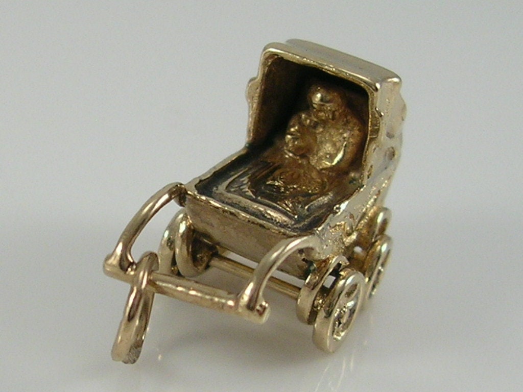 Vintage 3D 9ct Baby In Movable Pram Charm H/MK 1963