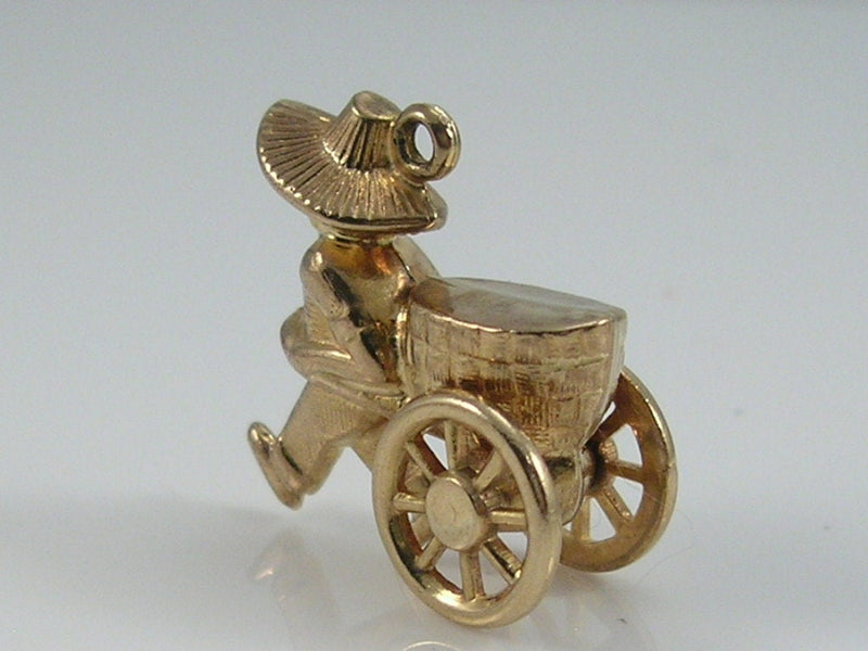 Vintage 3D 9ct Gold Man Pulling Cart Charm Pendant  H/MK 1969 Movable Wheels