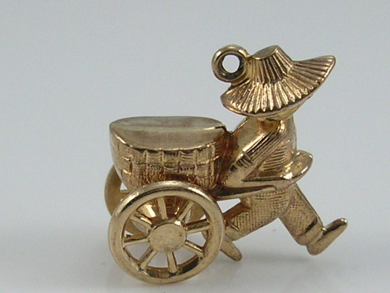 Vintage 3D 9ct Gold Man Pulling Cart Charm Pendant  H/MK 1969 Movable Wheels