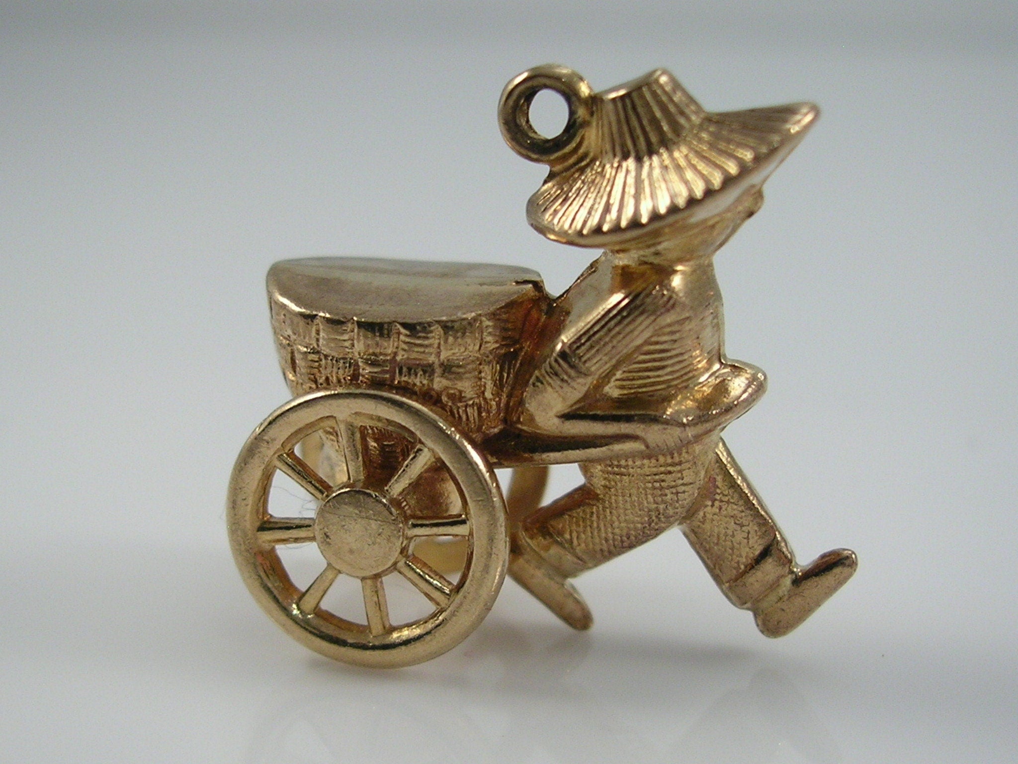 Vintage 3D 9ct Gold Man Pulling Cart Charm Pendant  H/MK 1969 Movable Wheels