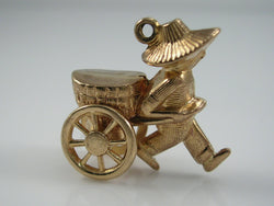 Vintage 3D 9ct Gold Man Pulling Cart Charm Pendant  H/MK 1969 Movable Wheels