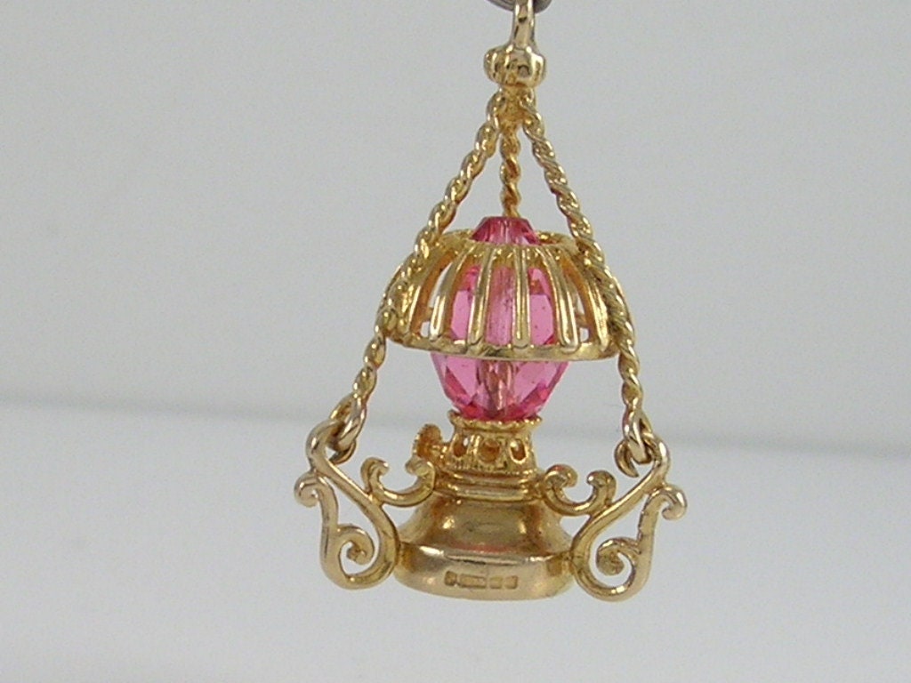 Vintage 3D 9ct Gold Pink Crystal Oil Lamp Lantern Charm Pendant  H/MK   RP