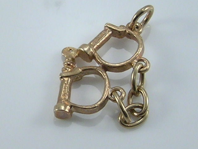 Vintage 3D 9ct Gold Handcuffs & Turn Key Charm Pendant H/MK 1975