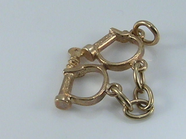 Vintage 3D 9ct Gold Handcuffs & Turn Key Charm Pendant H/MK 1975