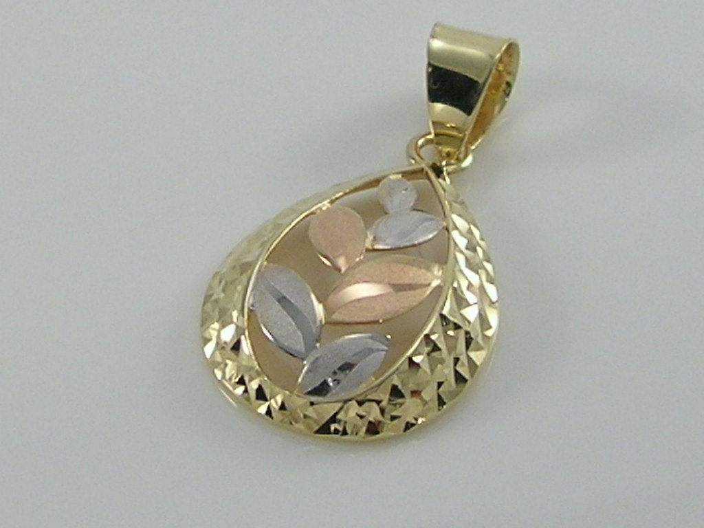 Gorgeous 9ct Gold Tri Colour Leaves Drop Design Pendant TJC