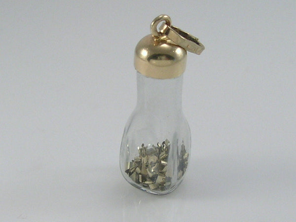 Vintage 3D 9ct Gold Glass Bottle Gold Flakes Charm Pendant