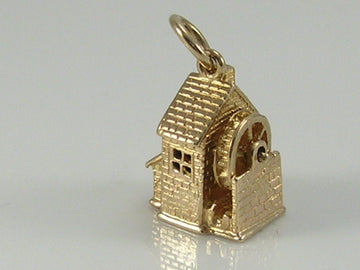 Vintage 3D 9ct Gold Water Mill Charm Pendant...Movable Wheel H/MK 1973