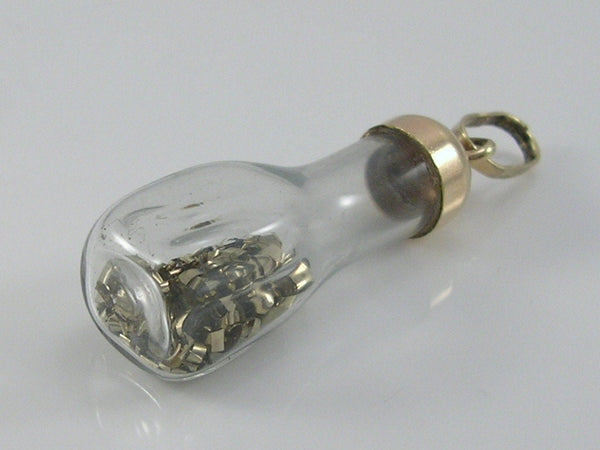 Vintage 3D 9ct Gold Glass Bottle Gold Flakes Charm Pendant