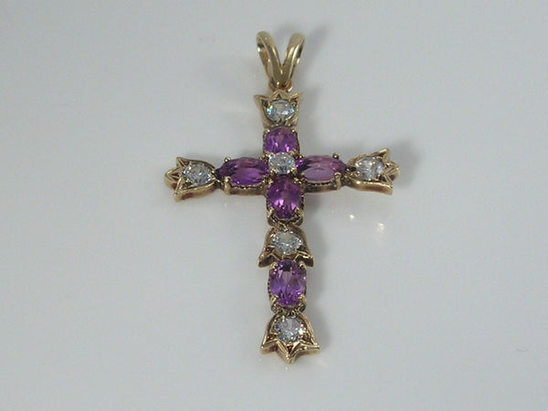 Gorgeous Vintage 9ct Gold  Amethyst & Cubic Zirconia CZ Cross Pendant H/MK