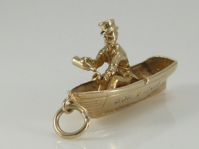 Vintage 3D 9ct Gold Bon Voyage Man In Rowing Boat Drinking To Celebrate Charm Pendant H/MK 1969