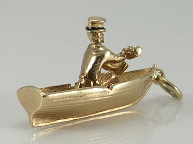 Vintage 3D 9ct Gold Bon Voyage Man In Rowing Boat Drinking To Celebrate Charm Pendant H/MK 1969