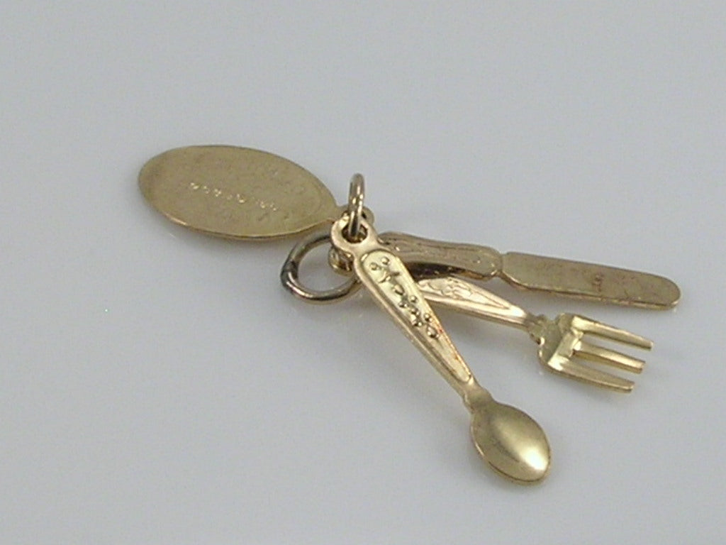 Vintage 3D 9ct Gold Fork, Knife and Spoon Charm Pendant  H/MK 1975