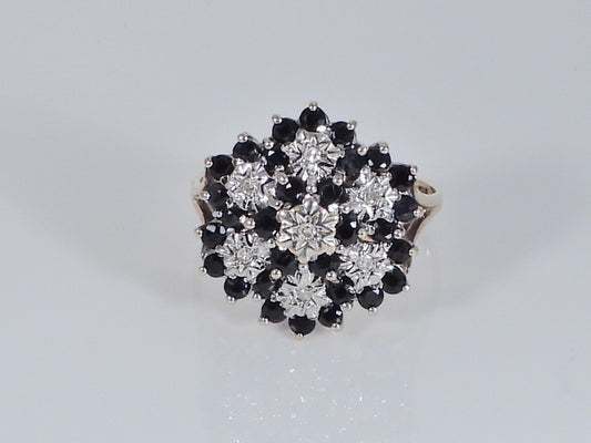 Vintage 9ct Gold Sapphire & Diamond Cluster Ring  H/MK