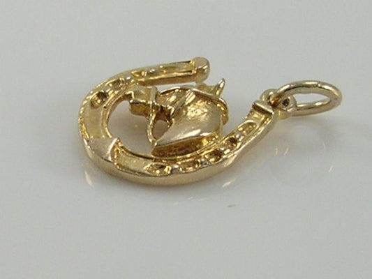 Vintage 3D 9ct Gold Lucky Horseshoe Horse Head Charm   H/MK 1970