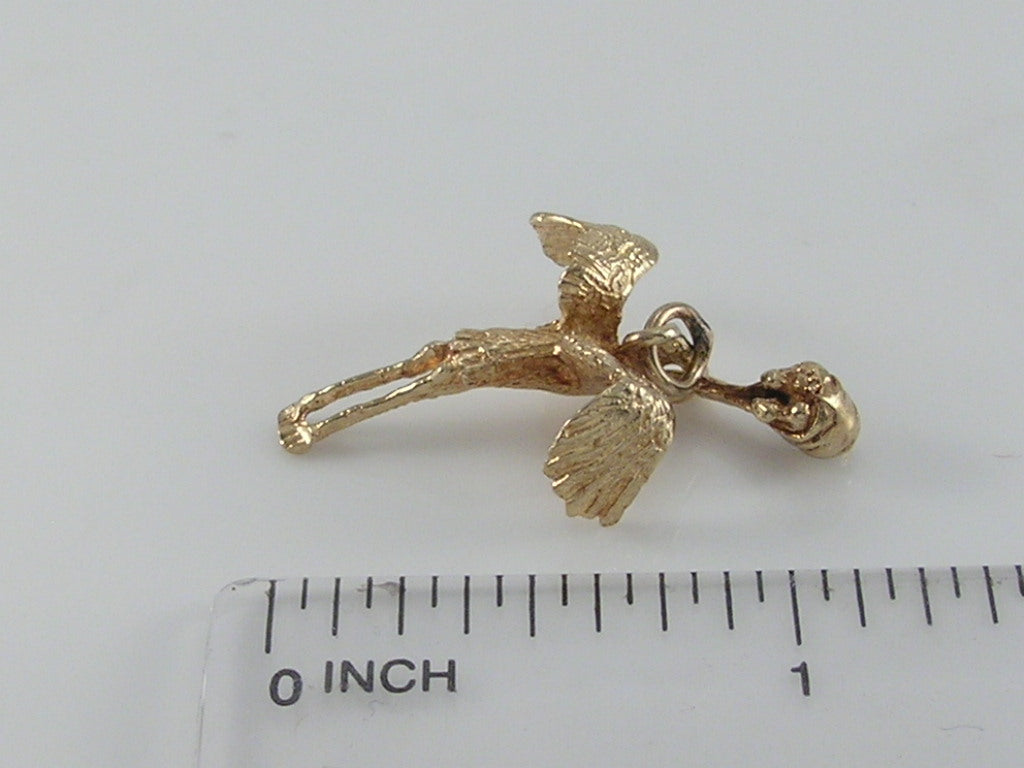 Vintage Movable 3D 9ct Gold Stork & Baby Charm H/MK