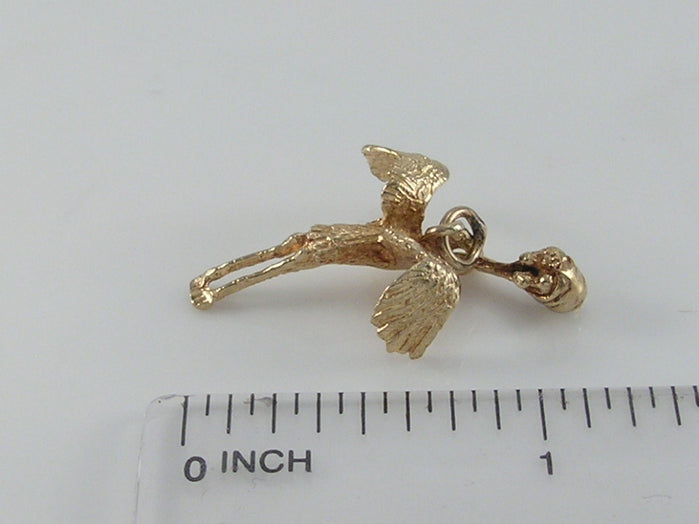 Vintage Movable 3D 9ct Gold Stork & Baby Charm H/MK