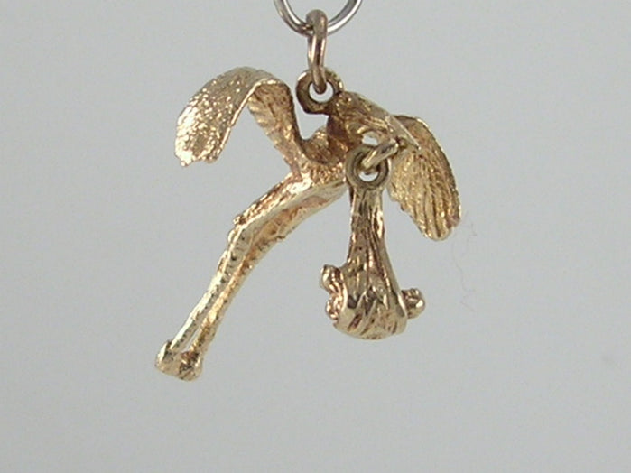 Vintage Movable 3D 9ct Gold Stork & Baby Charm H/MK