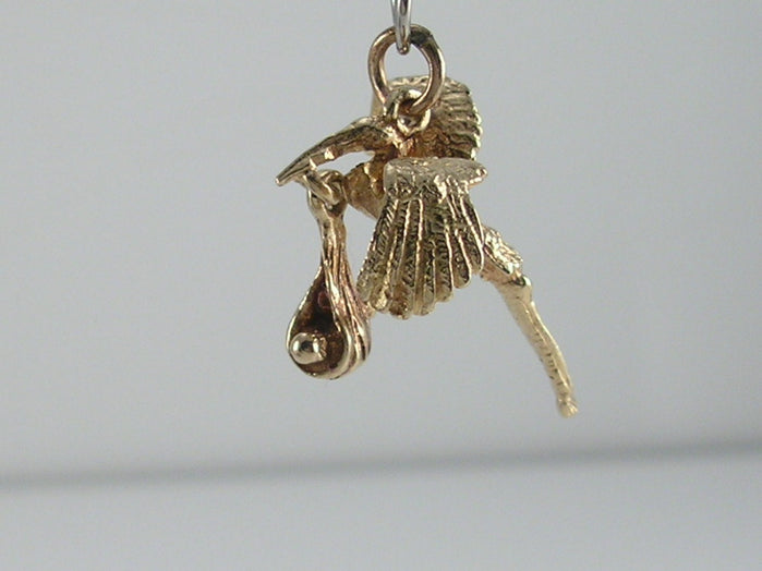 Vintage Movable 3D 9ct Gold Stork & Baby Charm H/MK