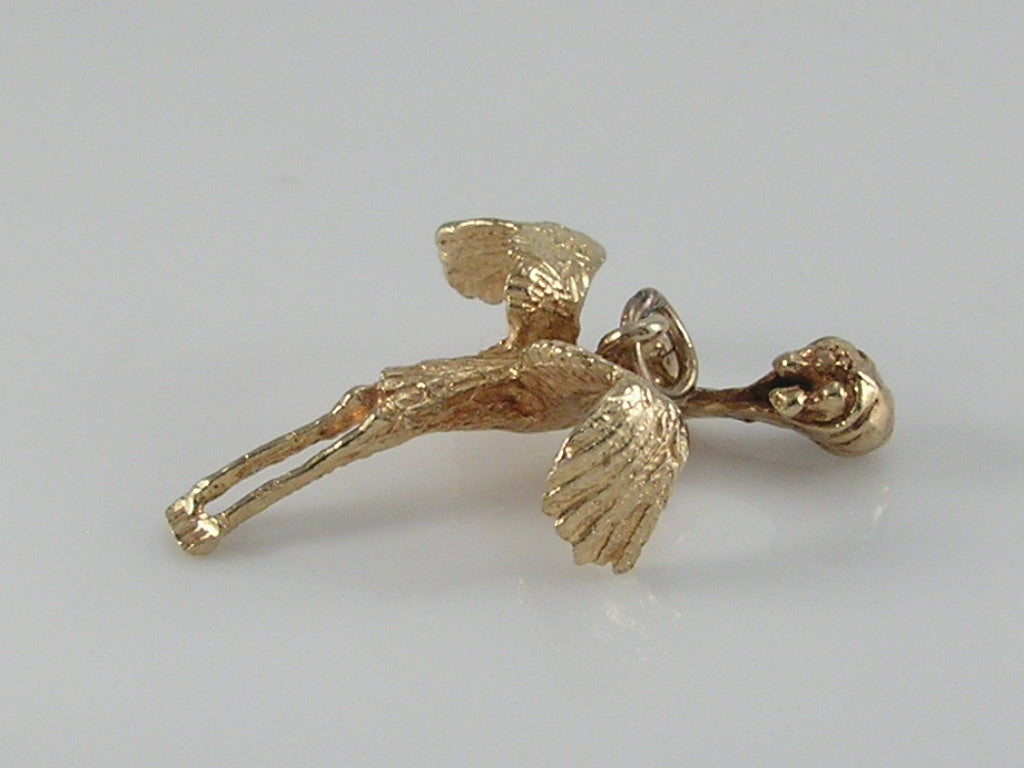 Vintage Movable 3D 9ct Gold Stork & Baby Charm H/MK