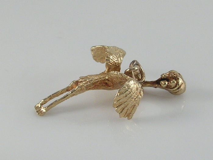 Vintage Movable 3D 9ct Gold Stork & Baby Charm H/MK