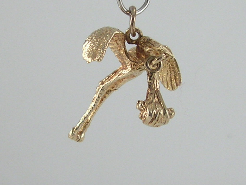 Vintage Movable 3D 9ct Gold Stork & Baby Charm H/MK