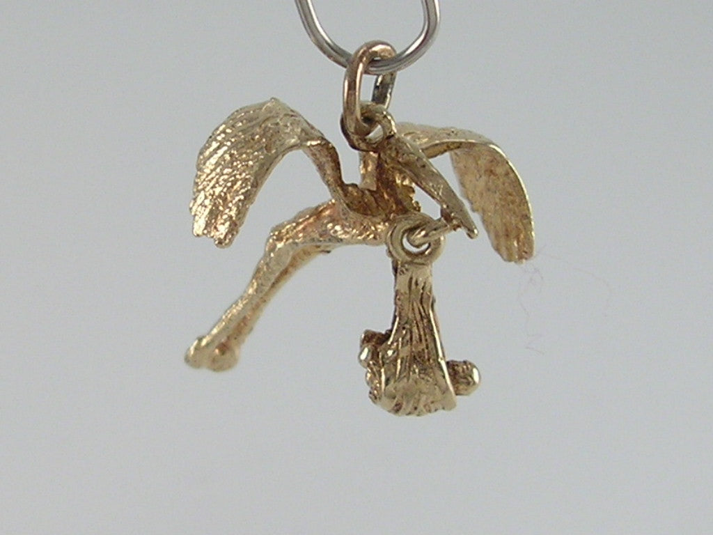 Vintage Movable 3D 9ct Gold Stork & Baby Charm H/MK