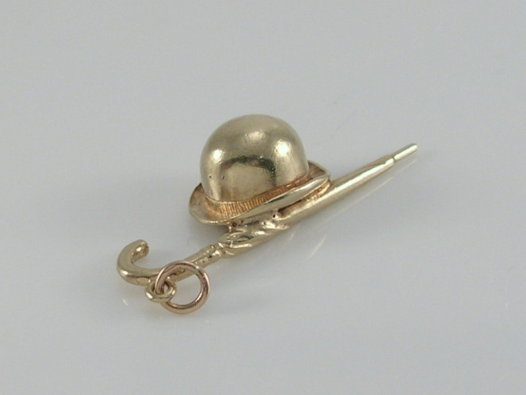 Vintage 3D 9ct Gold Bowler Hat & Umbrella Charm H/MK 1970