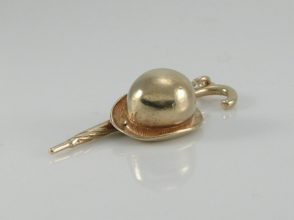 Vintage 3D 9ct Gold Bowler Hat & Umbrella Charm H/MK 1970