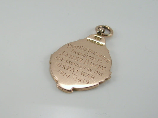 Antique 9ct Gold Watch Fob  Pendant WWI Inscription Birmingham 1919
